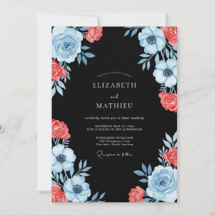 Convite Casamento Romântico Floral de Coral Azul Claro
