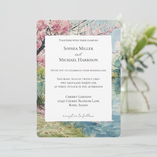 Convite Casamento Romântico Floral de Lago com Flor de Cer (Em pé/Frente)