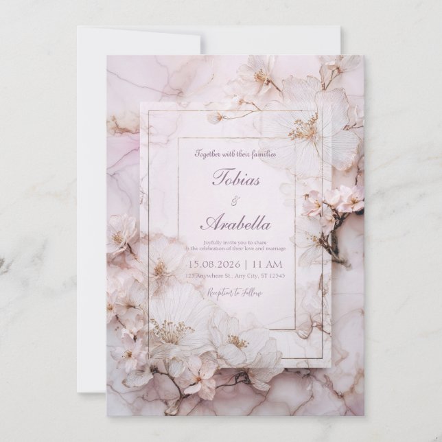 Convite Casamento Romântico Floral de Marble Blush (Frente)