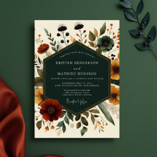 Convite Casamento Romântico Floral de Outono em Azul Teal