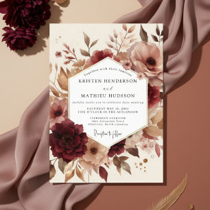 Convite Casamento Romântico Floral de Outono em Borgonha