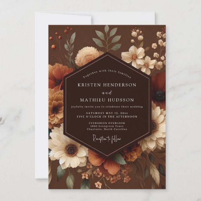 Convite Casamento Romântico Floral de Outono Marrom (Frente)