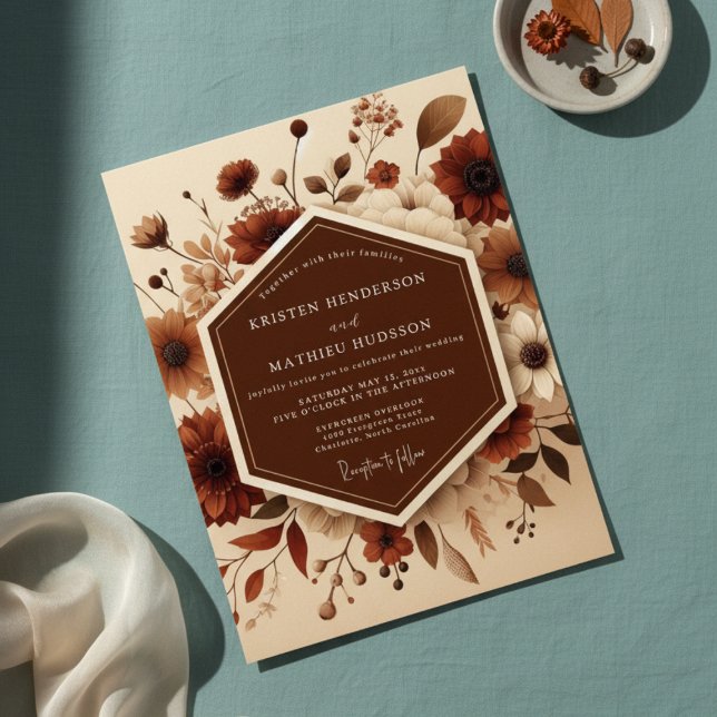Convite Casamento Romântico Floral de Outono Marrom (Criador carregado)