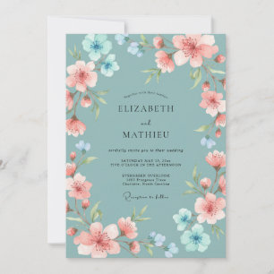 Convite Casamento Romântico Floral Delicado em Verde Azul