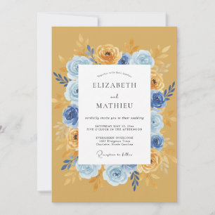Convite Casamento Romântico Floral Dourado Azul