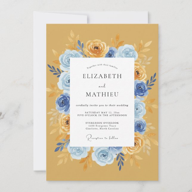 Convite Casamento Romântico Floral Dourado Azul (Frente)