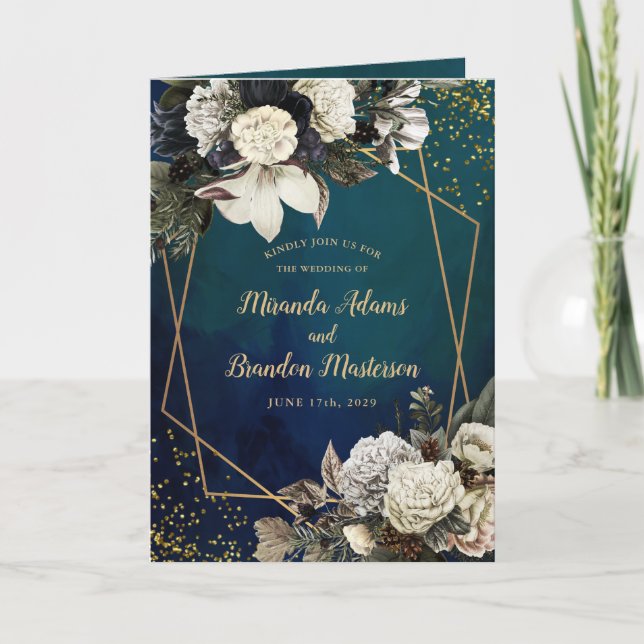 Convite Casamento Romântico Floral Dourado Wreath (Frente)