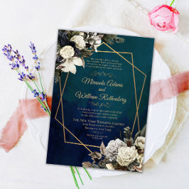 Convite Casamento Romântico Floral Dourado Wreath