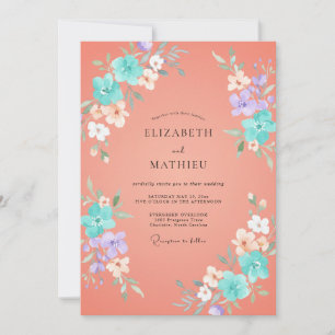 Convite Casamento Romântico Floral em Aquarela Coral
