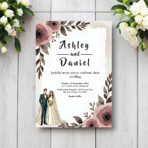 Convite Casamento Romântico Floral em Aquarela Rústica Ele