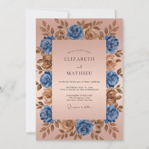 Convite Casamento Romântico Floral em Bronze Azul