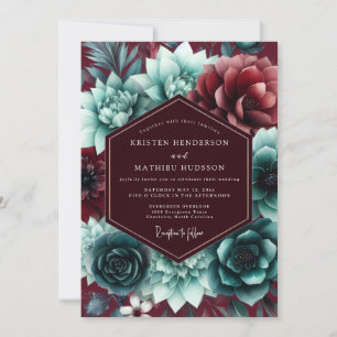 Convite Casamento Romântico Floral em Burgundy e Azul Turq