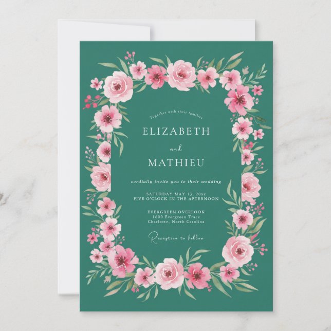 Convite Casamento Romântico Floral em Teal (Frente)