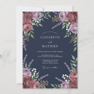 Convite Casamento Romântico Floral em Tons de Naval