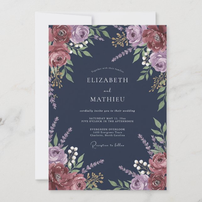 Convite Casamento Romântico Floral em Tons de Naval (Frente)