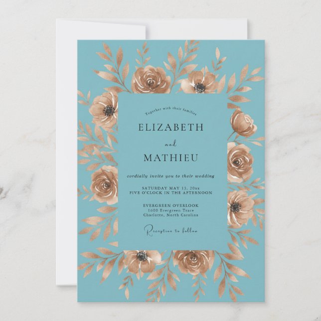 Convite Casamento Romântico Floral em Turquesa e Dourado (Frente)