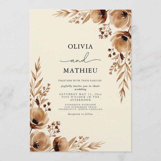 Convite Casamento Romântico Floral Etéreo Marrom (Frente)