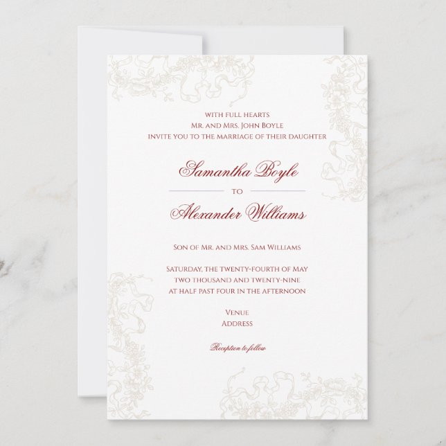 Convite Casamento Romântico Floral Francês Rococo Maroon (Frente)