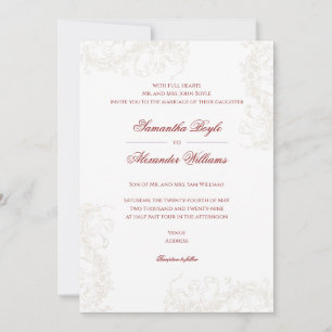 Convite Casamento Romântico Floral Francês Rococo Maroon