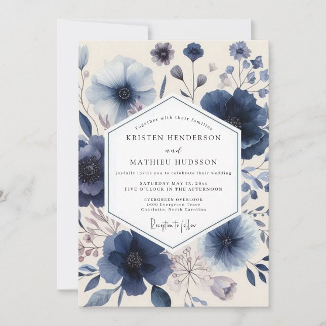 Convite Casamento Romântico Floral Índigo (Frente)