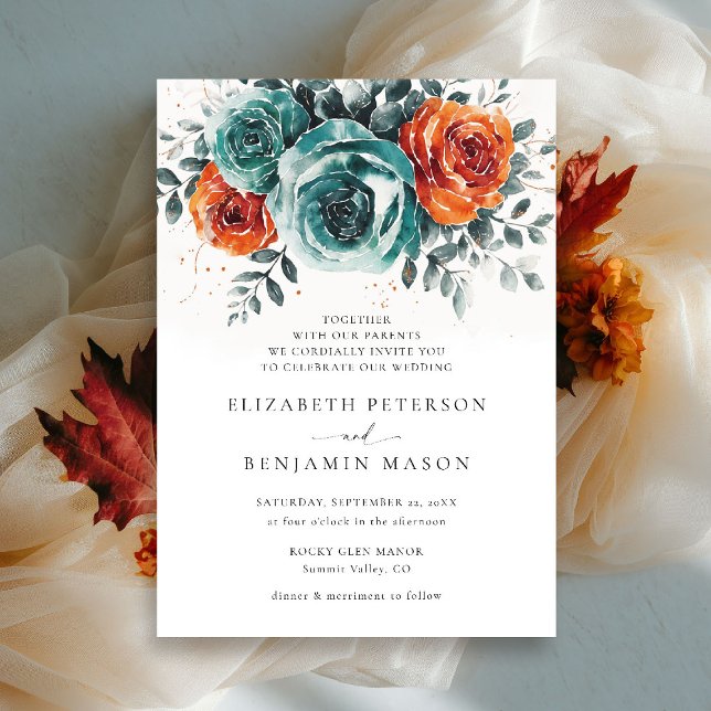Convite Casamento Romântico Floral Laranja-Floral Romântic (fall wedding invitation teal burnt orange terracotta watercolor floral botanical modern elegant)