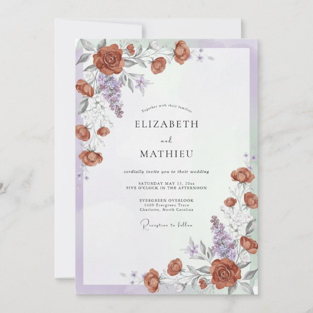 Convite Casamento Romântico Floral Laranja Queimado (Frente)
