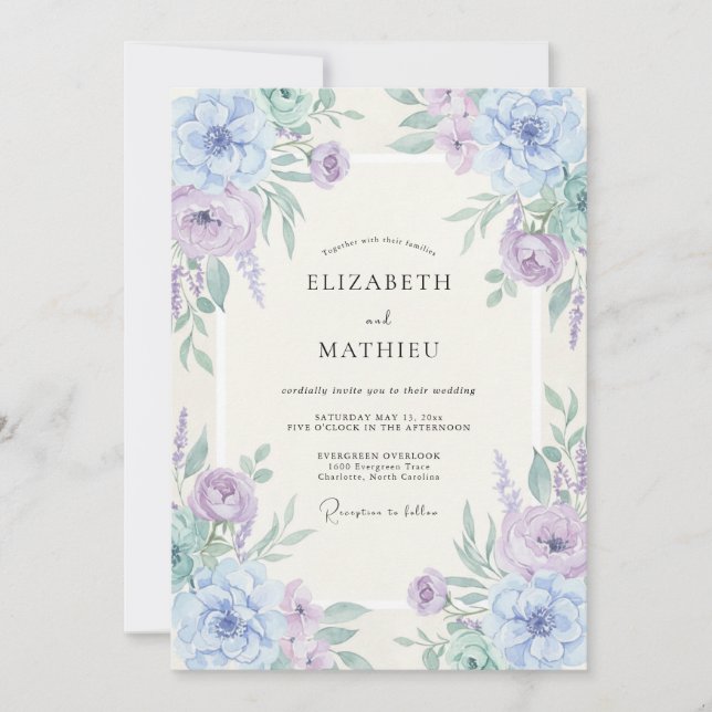 Convite Casamento Romântico Floral Lavanda e Periwinkle (Frente)