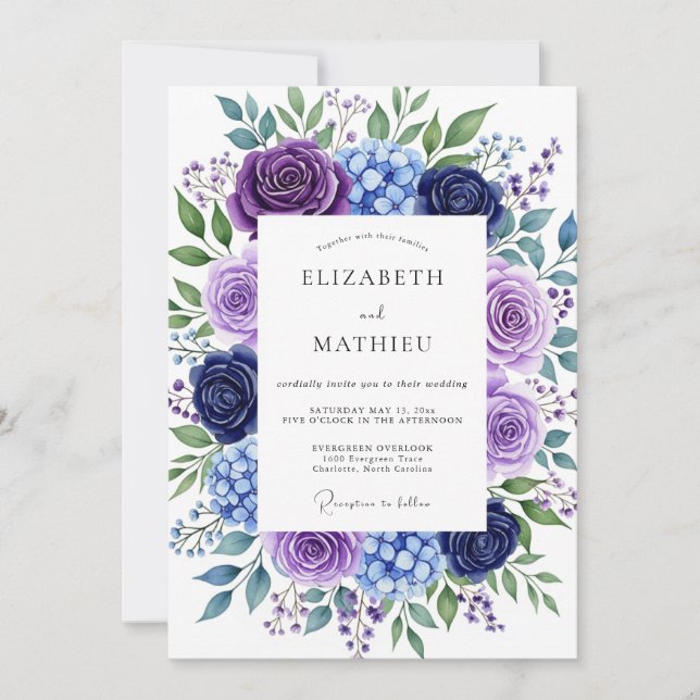 Convite Casamento Romântico Floral Luxuriante Índigo (Frente)