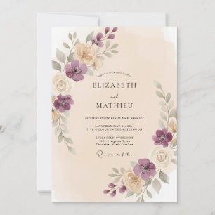 Convite Casamento Romântico Floral Macio Ameixa