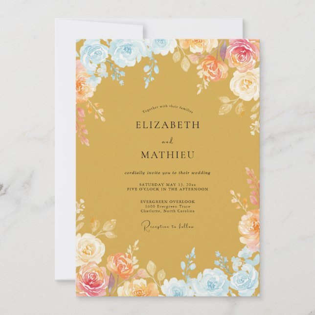 Convite Casamento Romântico Floral Macio Dourado (Frente)
