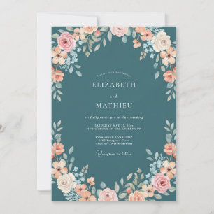 Convite Casamento Romântico Floral Macio em Azul Turquesa