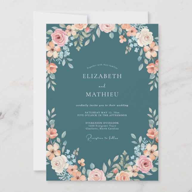 Convite Casamento Romântico Floral Macio em Azul Turquesa (Frente)