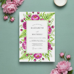 Convite Casamento Romântico Floral Magenta Pintado à Mão