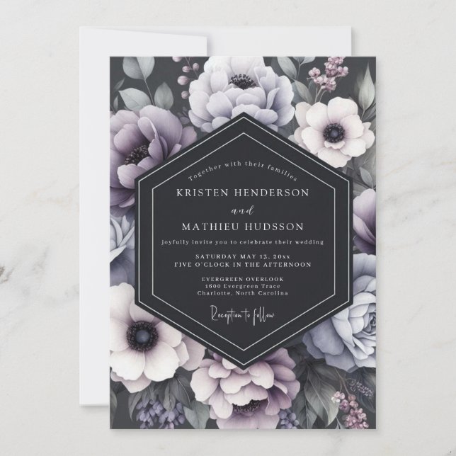 Convite Casamento Romântico Floral Malva Sombrio (Frente)