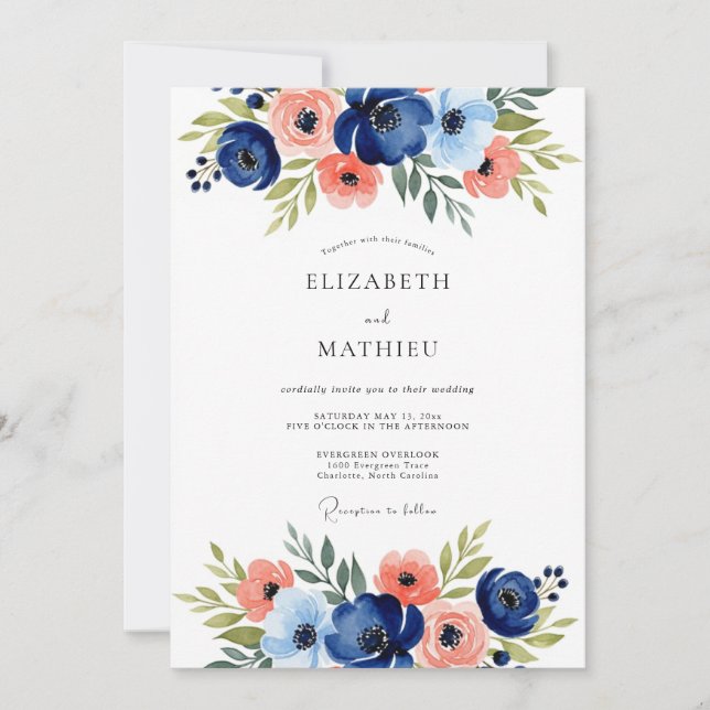 Convite Casamento Romântico Floral Marinho (Frente)