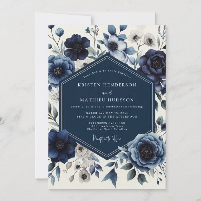 Convite Casamento Romântico Floral Marinho (Frente)