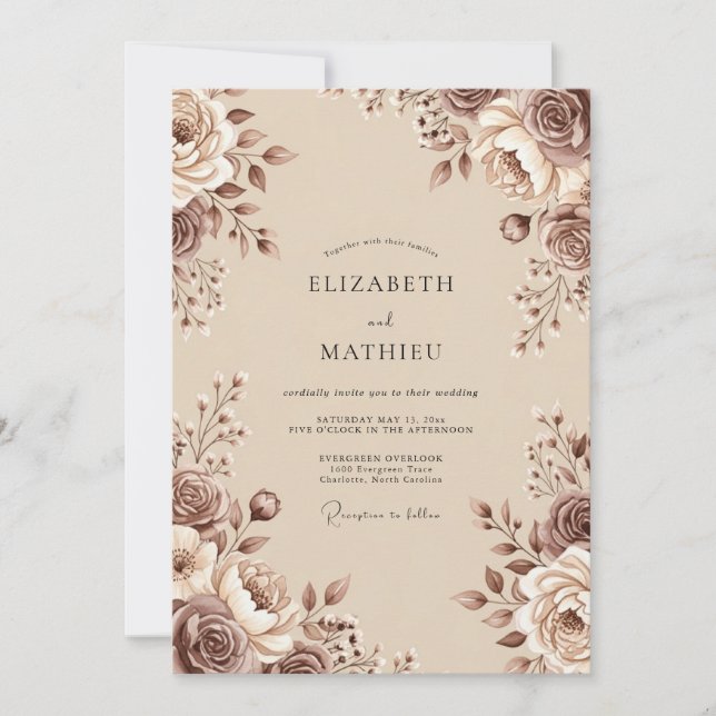 Convite Casamento Romântico Floral Marrom (Frente)