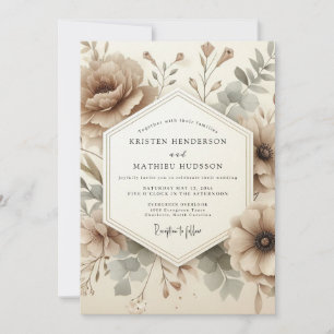 Convite Casamento Romântico Floral Marrom Vintage