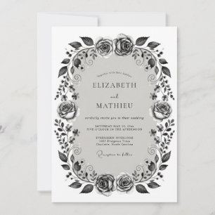 Convite Casamento Romântico Floral Monocromático