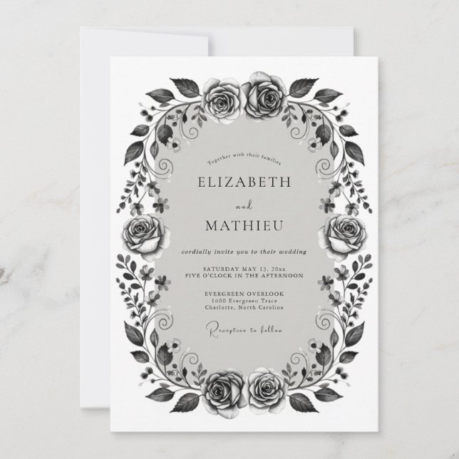 Convite Casamento Romântico Floral Monocromático (Frente)