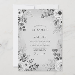 Convite Casamento Romântico Floral Monocromático Cinza