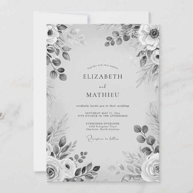 Convite Casamento Romântico Floral Monocromático Cinza (Frente)