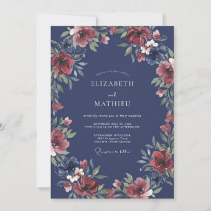 Convite Casamento Romântico Floral Navy