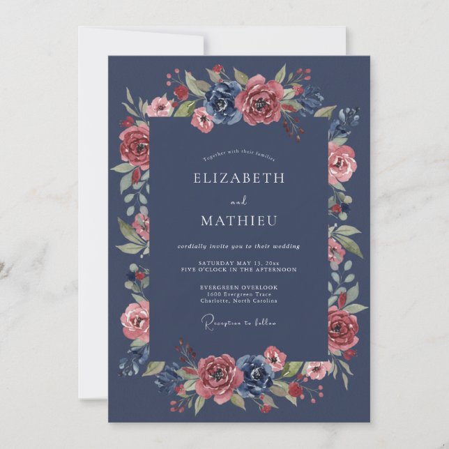 Convite Casamento Romântico Floral Navy Lush (Frente)
