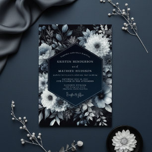Convite Casamento Romântico Floral Navy Mal-humorado
