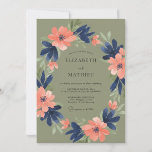 Convite Casamento Romântico Floral Oliva Naval