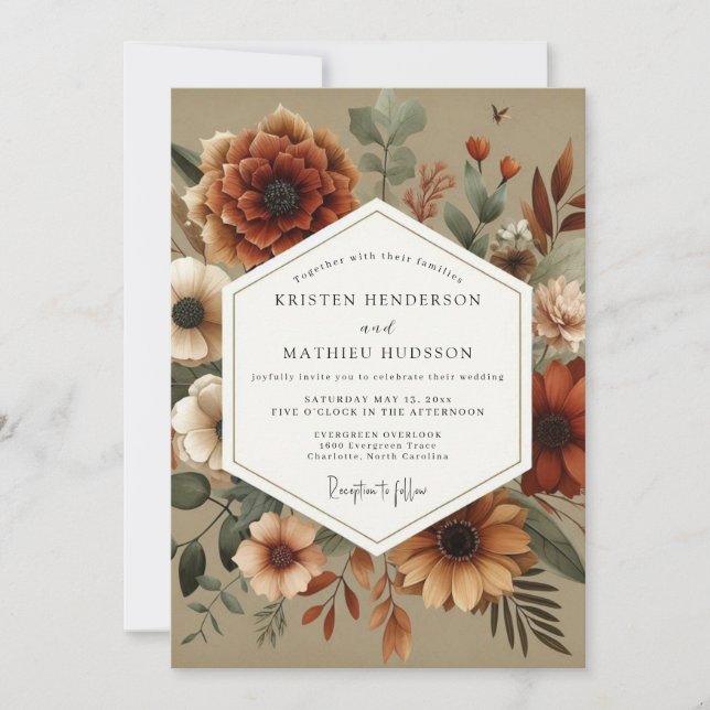 Convite Casamento Romântico Floral Outonal Âmbar (Frente)
