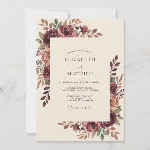 Convite Casamento Romântico Floral Outonal Borgonha