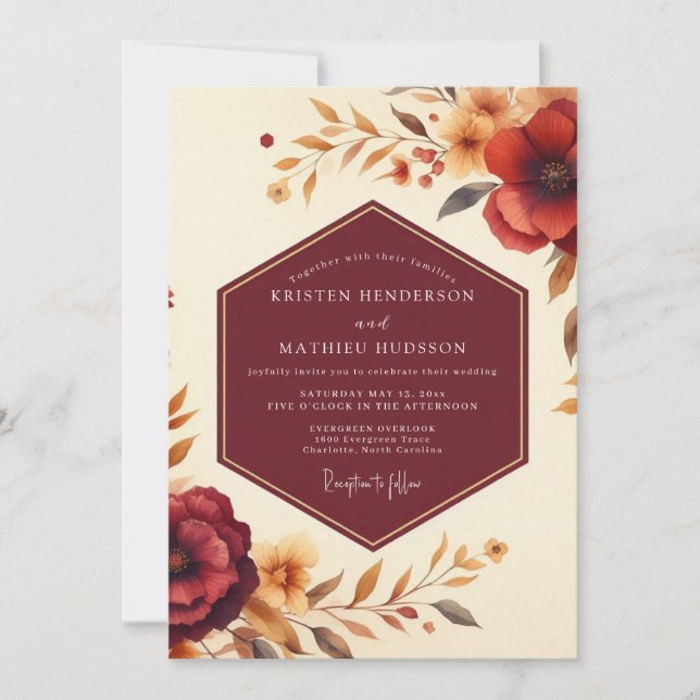 Convite Casamento Romântico Floral Outonal Borgonha (Frente)