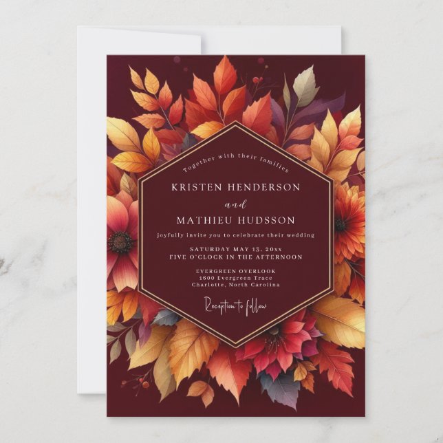 Convite Casamento Romântico Floral Outonal Borgonha (Frente)